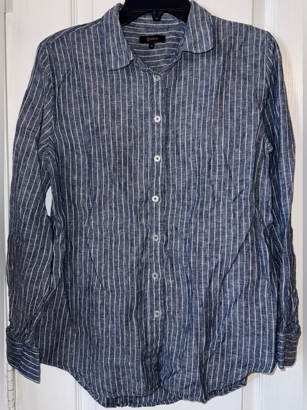 Quince 100% European Linen Button Front Shirt Blue White Stripe Size M - Picture 3 of 9